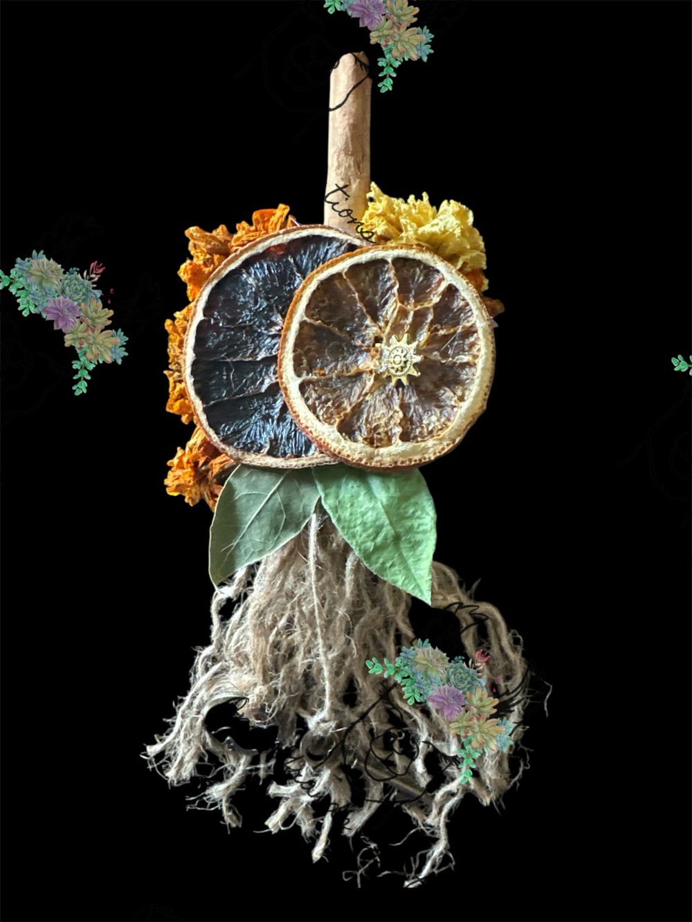 Cinnamon Stick Broom with Twine, Marigolds, Bay, Citrus,Bell